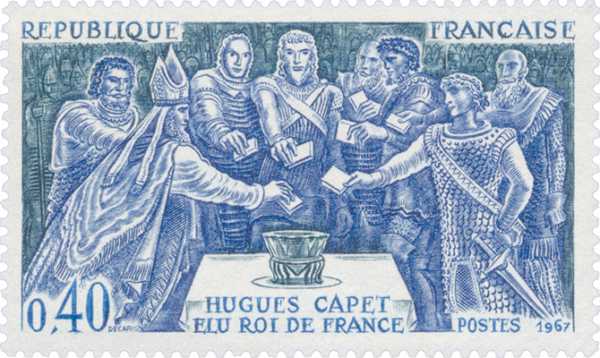 Timbre signé Albert Decaris représentant l’élection d’Hugues Capet comme roi des Francs, 1967 © ADAGP