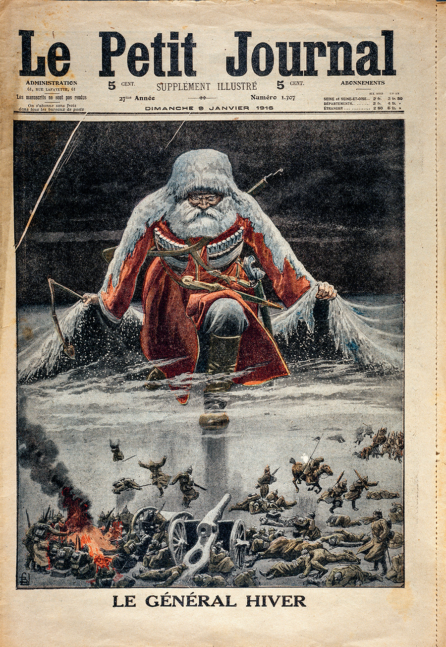 « Le général Hiver » menaçant les troupes allemandes sur le front oriental pendant l’hiver 1915-1916, une du supplément illustré du Petit Journal, 9 janvier 1916 © akg-images