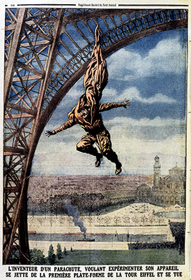 Franz Reichelt, l’inventeur d’un parachute, voulant expérimenter son appareil, se jette de la première plateforme de la tour Eiffel et se tue. Le Petit Journal, 18 février 1912 © leemage.com