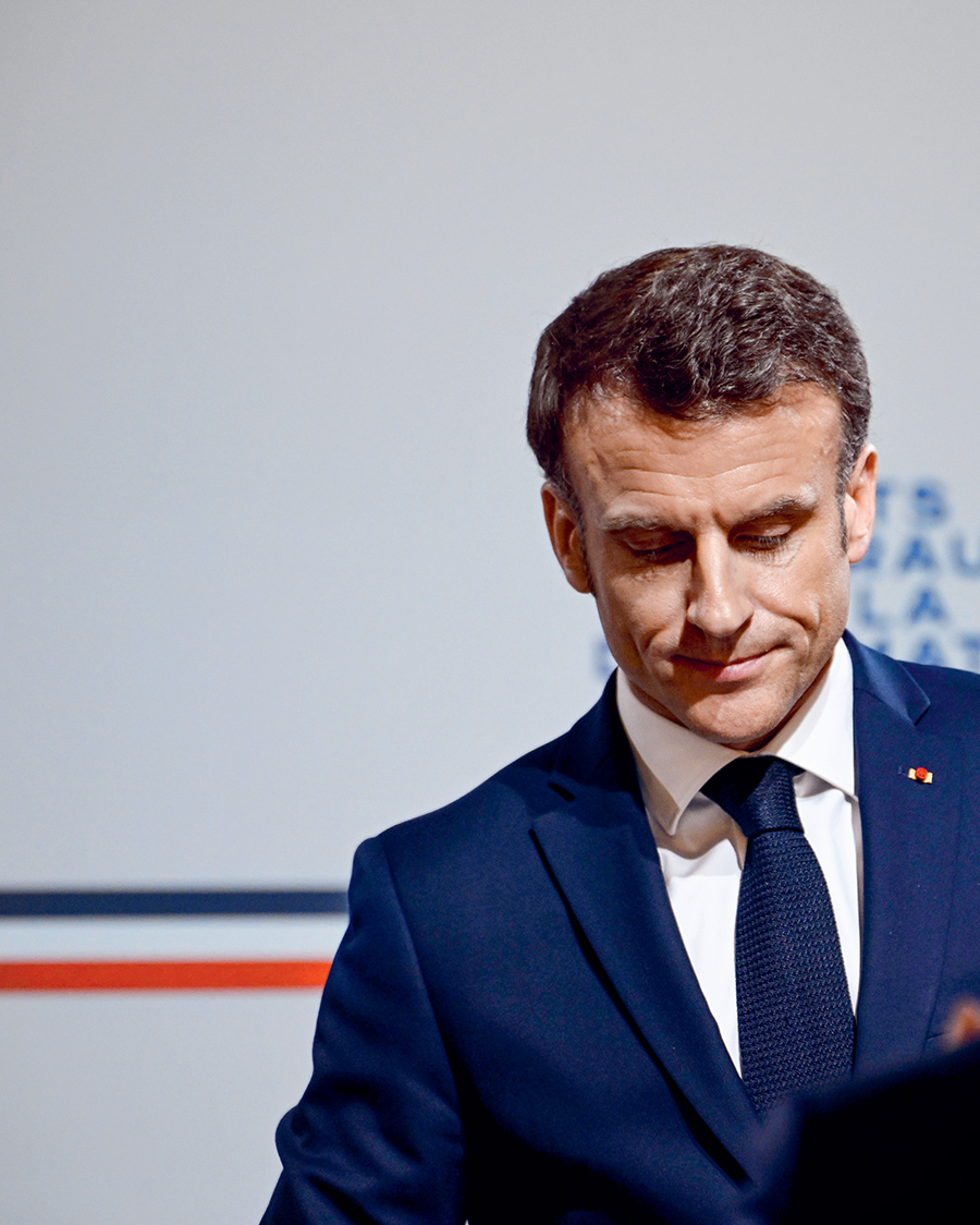 Emmanuel Macron, lors du discours de clôture des états généraux de la diplomatie, au ministère des Affaires européennes, le 16 mars © BLONDET/POOL/SIPA