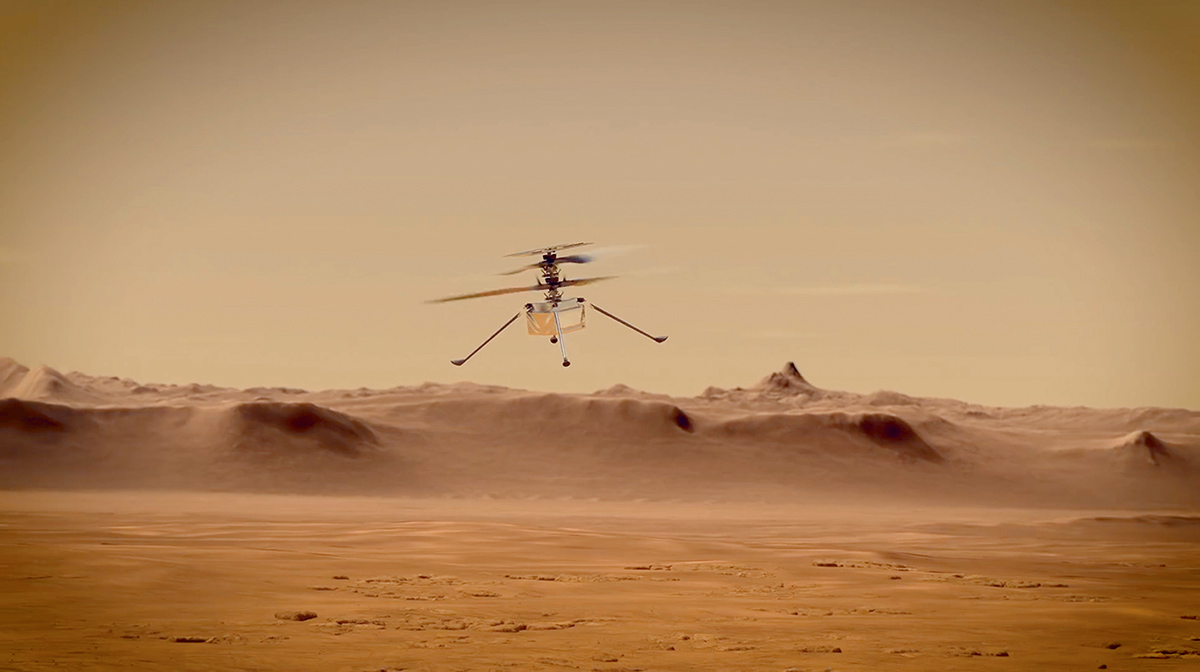 Modélisation d’Ingenuity. Premier drone envoyé par la Nasa sur Mars, il a débarqué à bord du rover Perseverance en février. Son vol d’essai, prévu le 11 avril, a été retardé de quelques jours. © Ferrari / Starface
