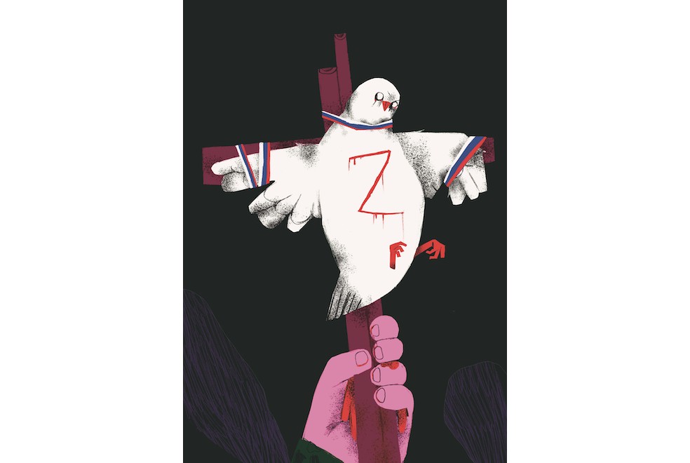 La colombe de la paix crucifiée et lacérée d’un « Z », symbole du soutien des nationalistes russes à la guerre (zapad, « ouest », indiquant la direction de l’Ukraine) © Anna Sarvira